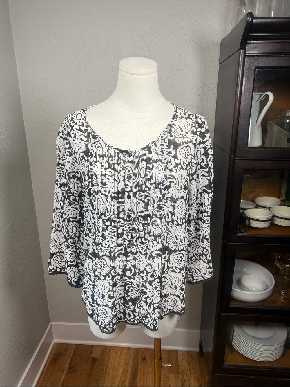 Denim & Supply Ralph Lauren Black White Floral Cotton Peasant Blouse Size S